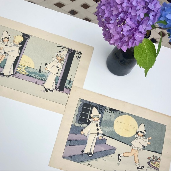 Vintage French Art Deco Pochoir original pen and ink baby Kewpie clown prints - Picture 6 of 15